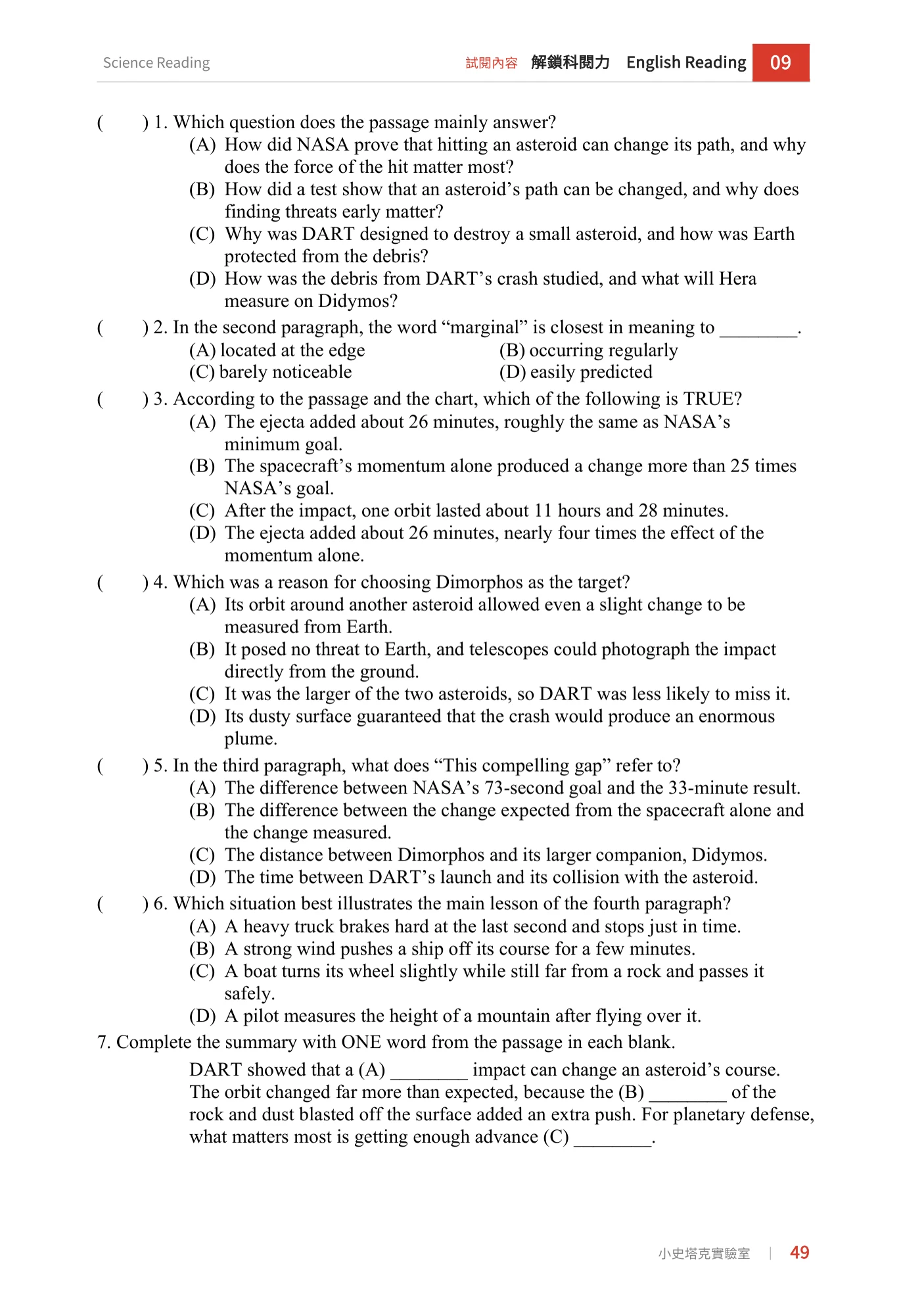 Unlock Science Reading English book senior high sample page: a report on the DART asteroid impact, a bar chart and multiple-choice questions (page 2)