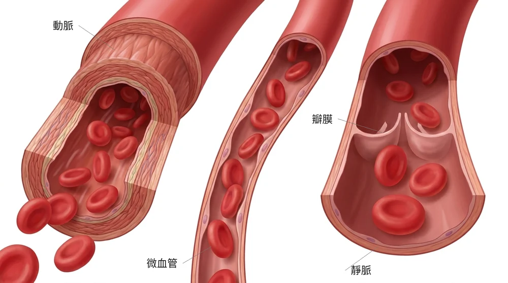 講義插圖：動脈、靜脈與微血管的管壁厚薄，一眼比較