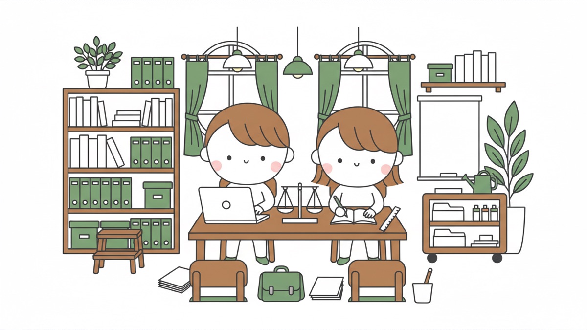 Line illustration: two children side by side at a wooden desk, one working on a laptop and the other writing in a notebook, a balance scale between them, with a bookcase of files behind and a trolley of folders and bottles to the right.