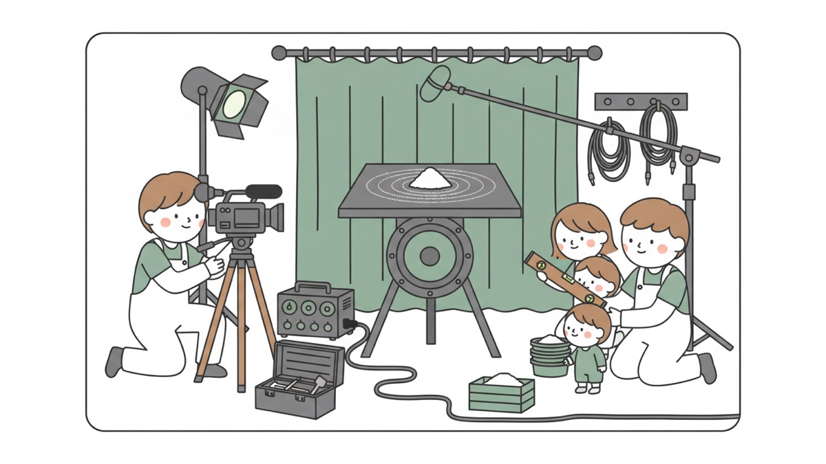 Line illustration: on a film set, a person kneels behind a tripod-mounted camera beside a studio light and boom mic; a board over a large loudspeaker holds white powder rippled into concentric rings, with an adult and three children looking on.