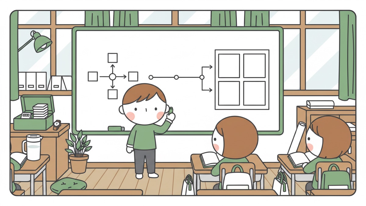 Line illustration: a boy stands at a large whiteboard holding a marker, the board showing a diagram of empty boxes, arrows and a four-square grid, while two children at desks follow along with open books.