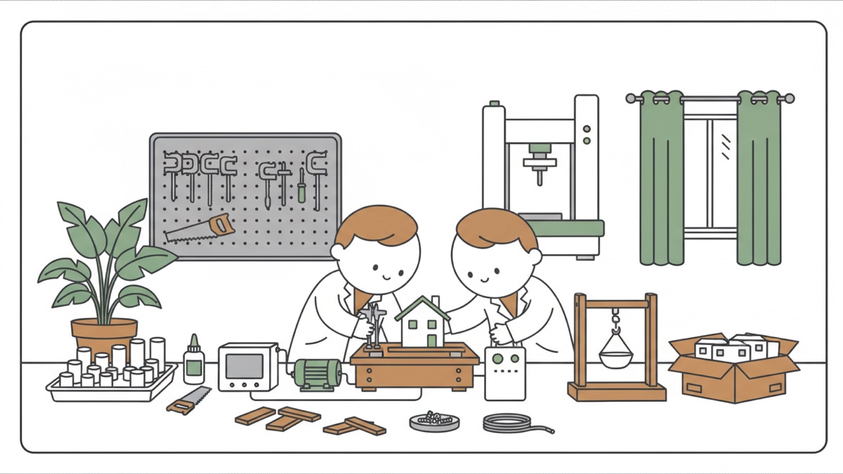 Line illustration: two boys in white lab coats assemble a small green model house clamped to a wooden base rig, one holding a control box, with a tool pegboard and bench drill press behind and timber, screws and white test cylinders on the bench.