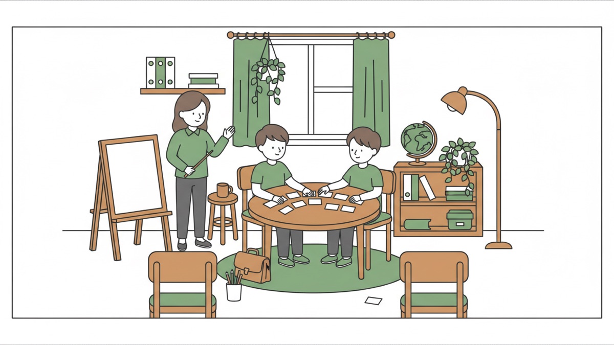 Line illustration: a woman in a green top stands beside a blank easel with a pointer while two boys at a round table lay out and sort small blank cards, a globe, potted plants and a floor lamp behind them.