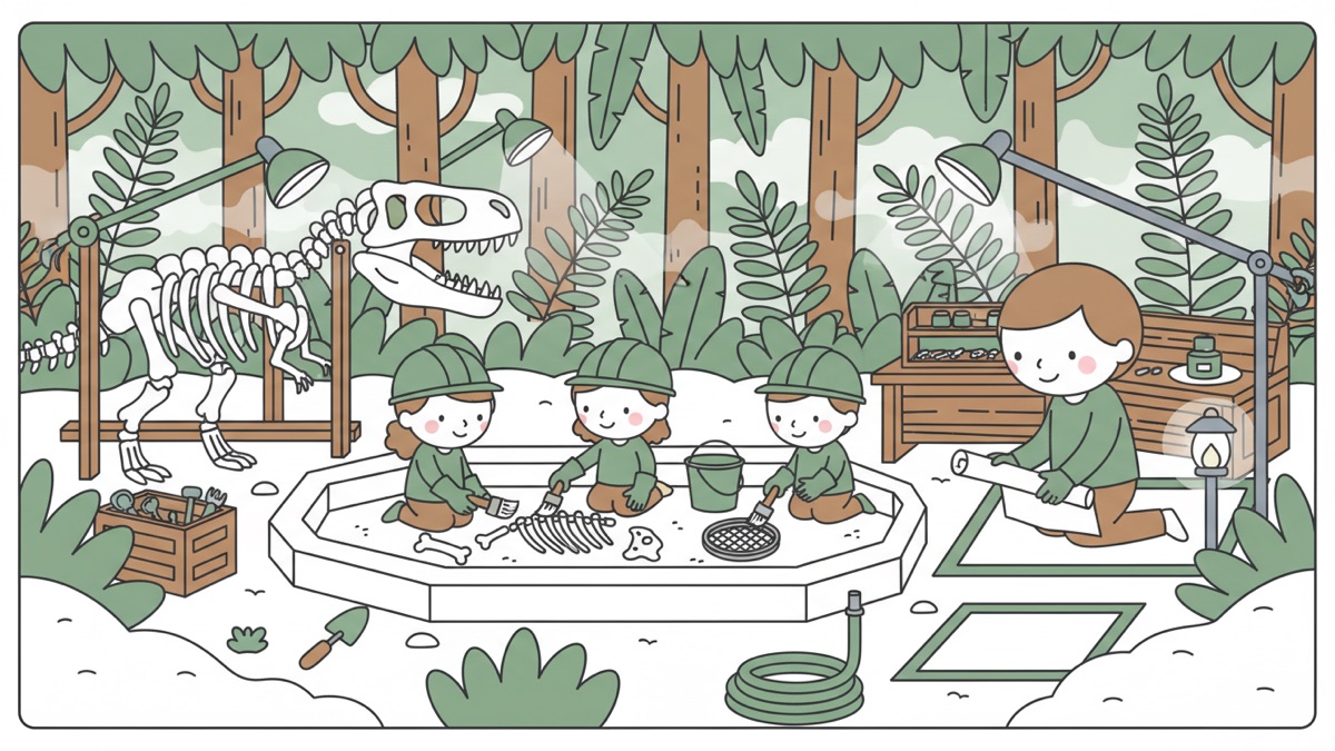 Line illustration: in a forest of tall trunks and ferns, three children in green hard hats kneel at an octagonal sand pit brushing sand off a small skeleton, with a mounted dinosaur skeleton to one side and an adult unrolling a large sheet of paper.