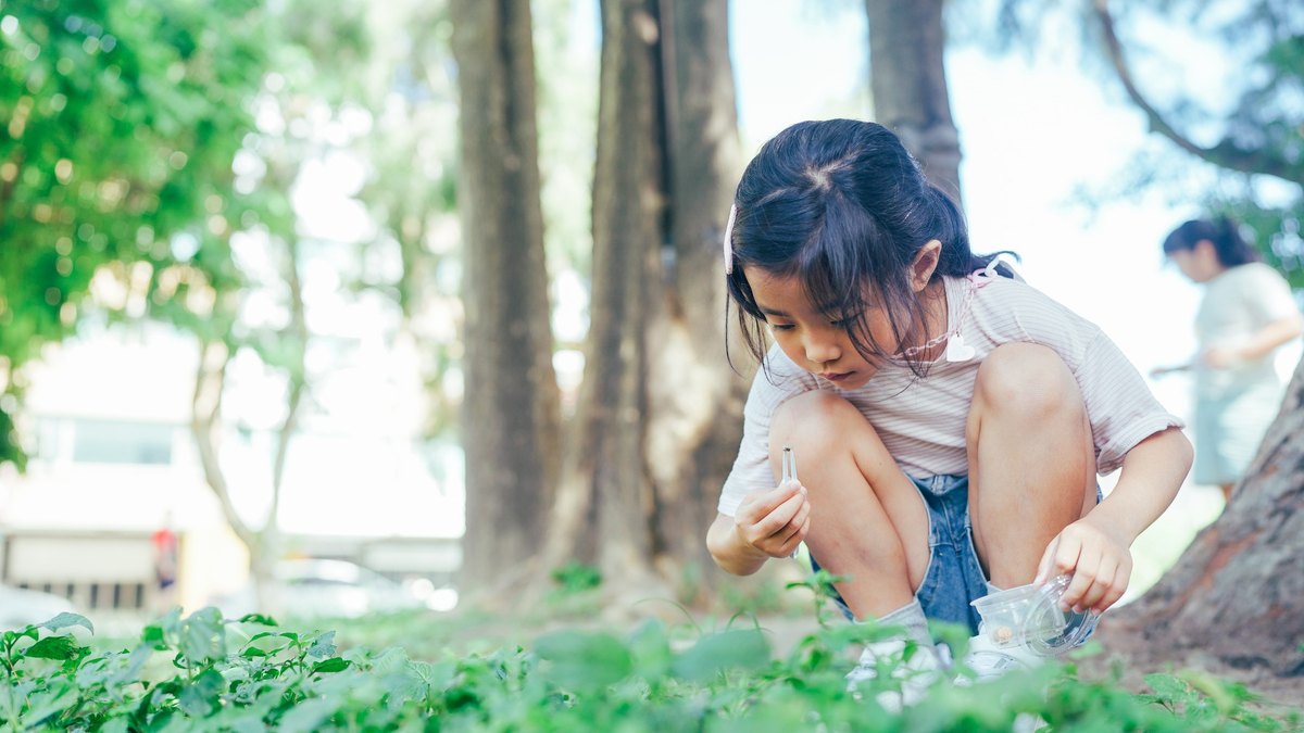 A girl crouches on the grass under tall trees, tweezers in one hand and a clear specimen pot in the other, absorbed in searching through the ground cover.