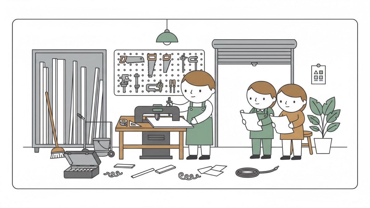Line illustration: in a metal shop, someone in a green apron feeds a sheet through a bench machine under a pegboard of saws and clamps, a rack of metal tubing at the left and two people reading a drawing together at the right.