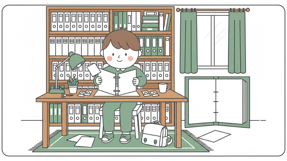 Line illustration: a child at a wooden desk holding an open ring binder, with a wall of shelves packed with files behind, a desk lamp, a potted plant and loose record cards on the desk, and a second binder lying open to the right.