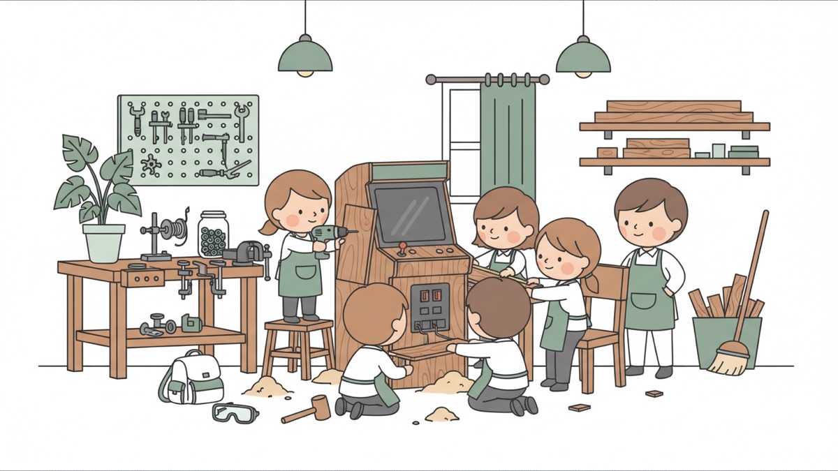 Line illustration: children build a large wooden arcade cabinet — a girl on a stool drilling its side, two kneeling to wire the control panel, two steadying the frame — while an adult simply watches at the right, sawdust and a mallet on the floor.
