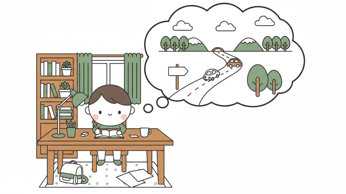 Line illustration: a child writing at a desk, with a thought bubble overhead showing a winding road, two cars approaching each other, a signpost, trees and distant hills.