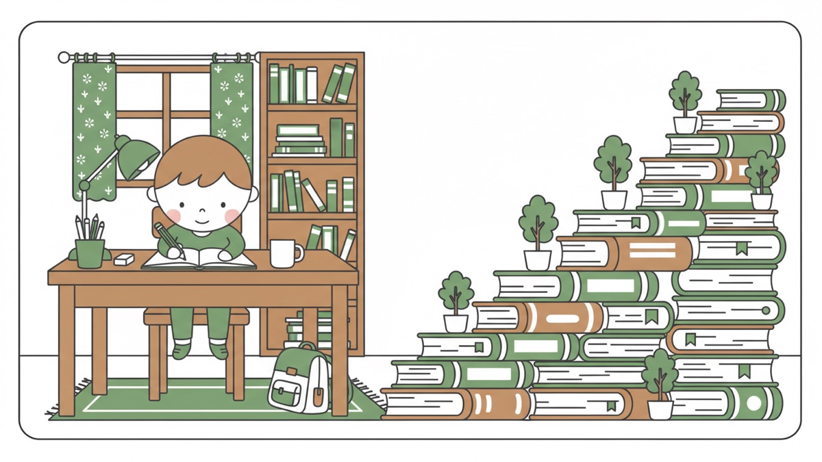 Line illustration: a child at a desk working step by step through a blank exercise book, with a desk lamp, pencil pot and mug beside them, and a staircase built from giant stacked books rising across the right of the frame with potted plants on several steps.