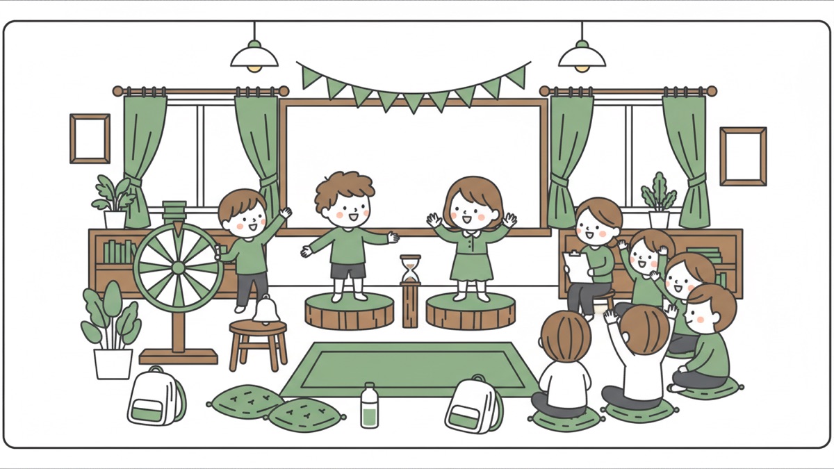 Line illustration: two children stand on round wooden podiums with arms raised mid-speech, an hourglass timing them; a boy spins a prize wheel at the left while a group on floor cushions raise their hands, one holding a clipboard.