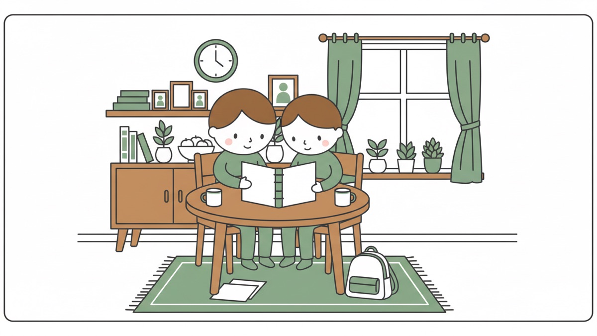 Line illustration: a parent and a teenager sitting side by side at a round wooden table, looking together at an open blank ring binder, the parent pointing at a page, with a sideboard, wall clock and a shelf of potted plants behind them.