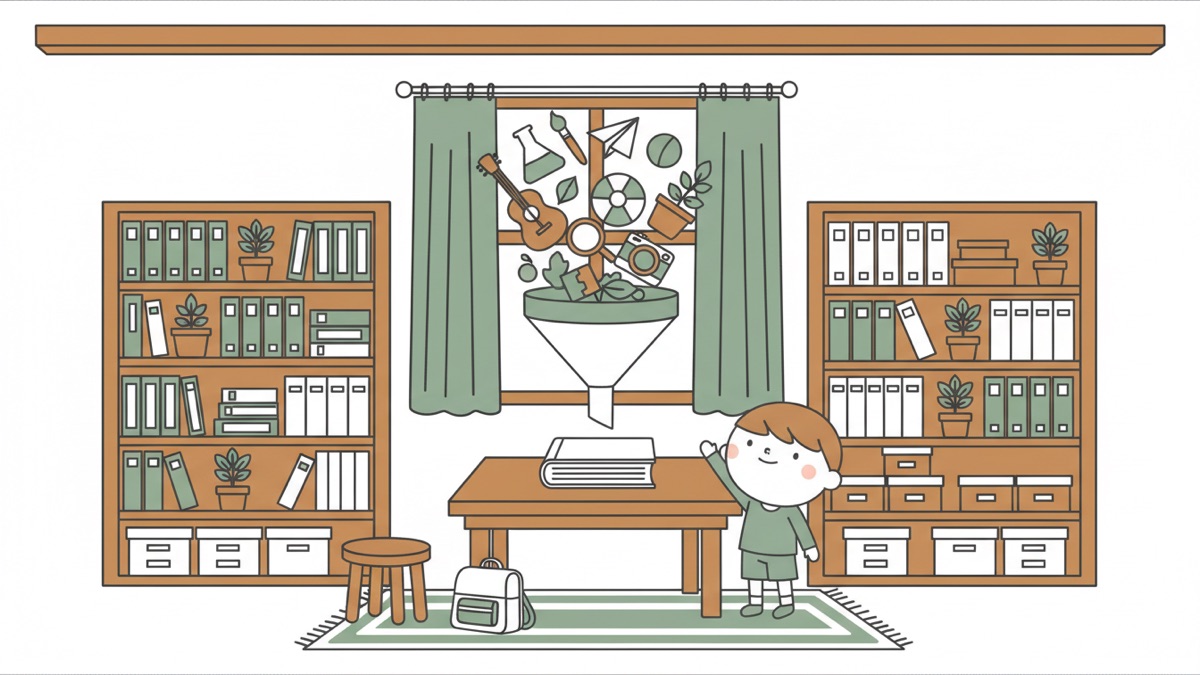 Line illustration: a large funnel on a wooden table catching a dense cluster of objects tumbling in from above — a conical flask, paintbrush, guitar, paper plane, magnifying glass, camera and a potted seedling — with a single thick blank book resting below the spout, a child standing beside the table looking up, and tall shelves of files and plants filling both sides.