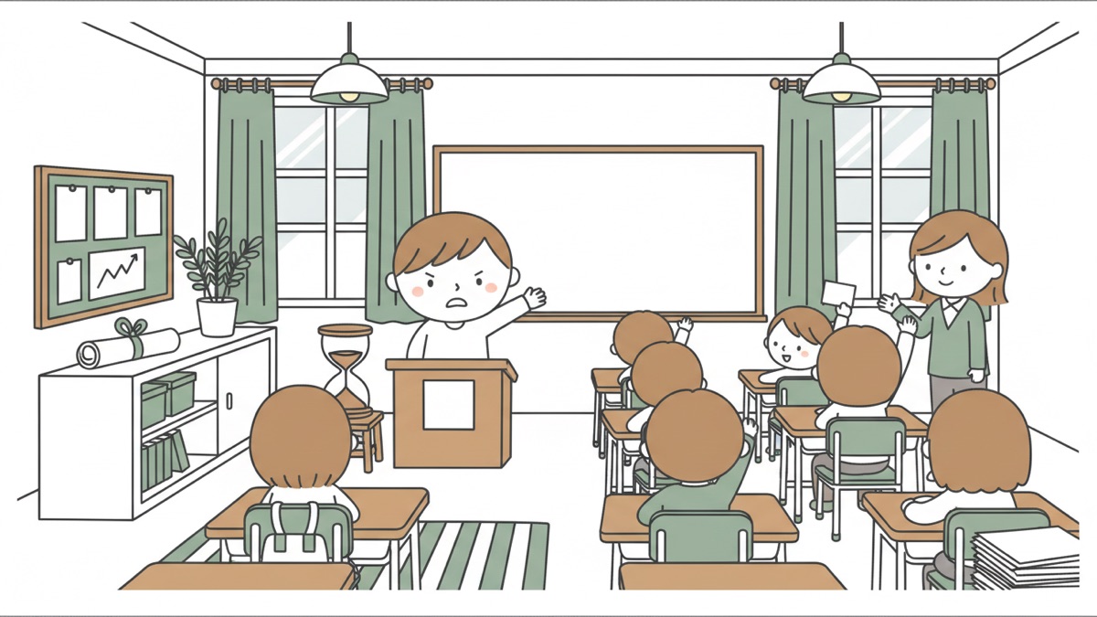 Line illustration: seen from the back of a classroom, a child stands at a wooden lectern with one arm raised, speaking with a strained expression and an hourglass timing them, while a teacher holds up a card and seated children put their hands up.