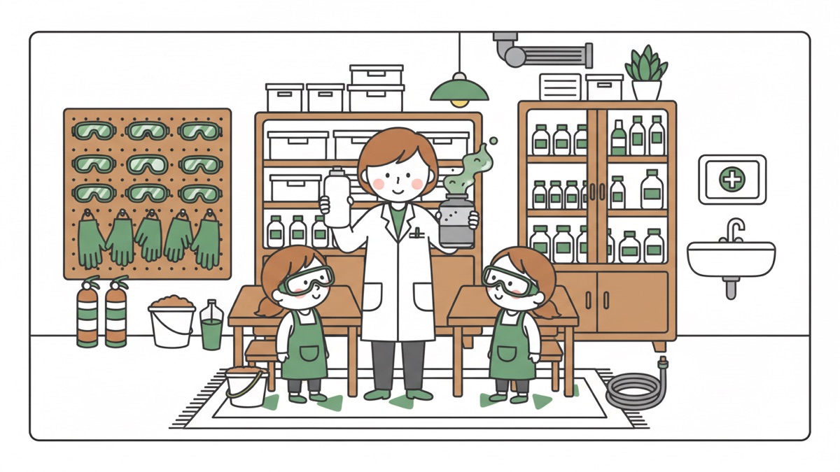 Line illustration: an adult in a white lab coat holds up a bottle in one hand and a canister giving off green fumes in the other, flanked by two children in goggles and green aprons, rows of goggles and gloves hanging on the wall behind.