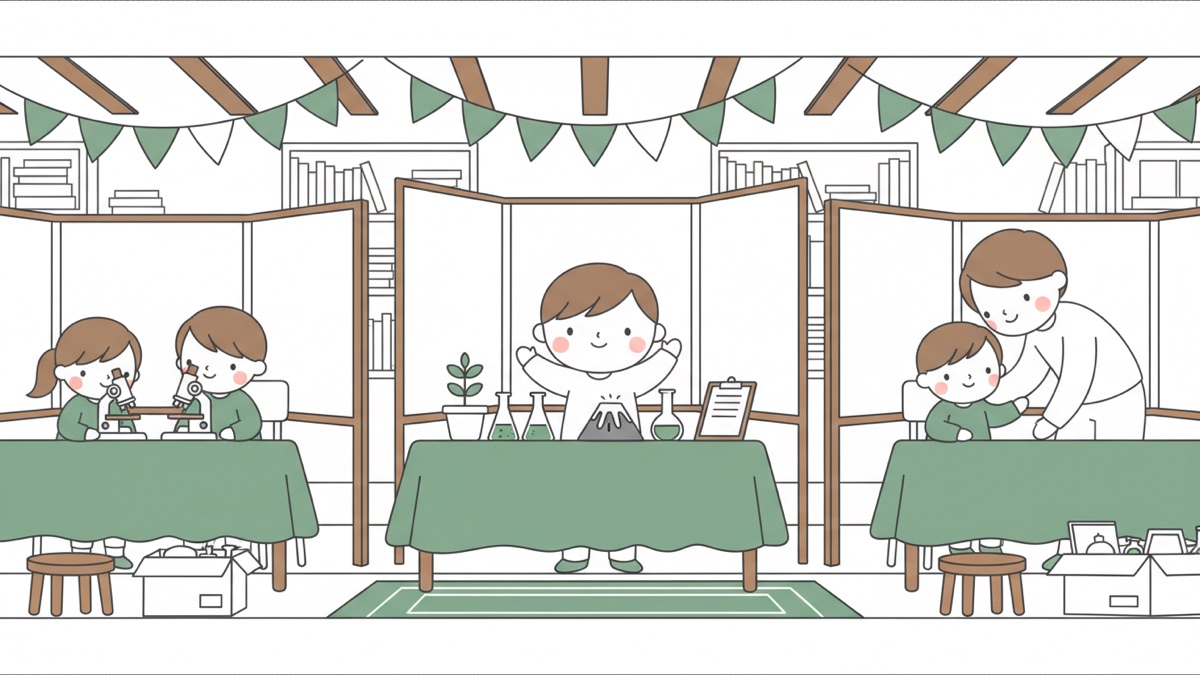 Line illustration: a school science-fair hall — a child mid-explanation beside a blank tri-fold board, a microscope, conical flasks and a small model volcano on the table; another pair of children peering into a microscope on the left, and an adult leaning down to listen to a seated child on the right, with bunting strung overhead.