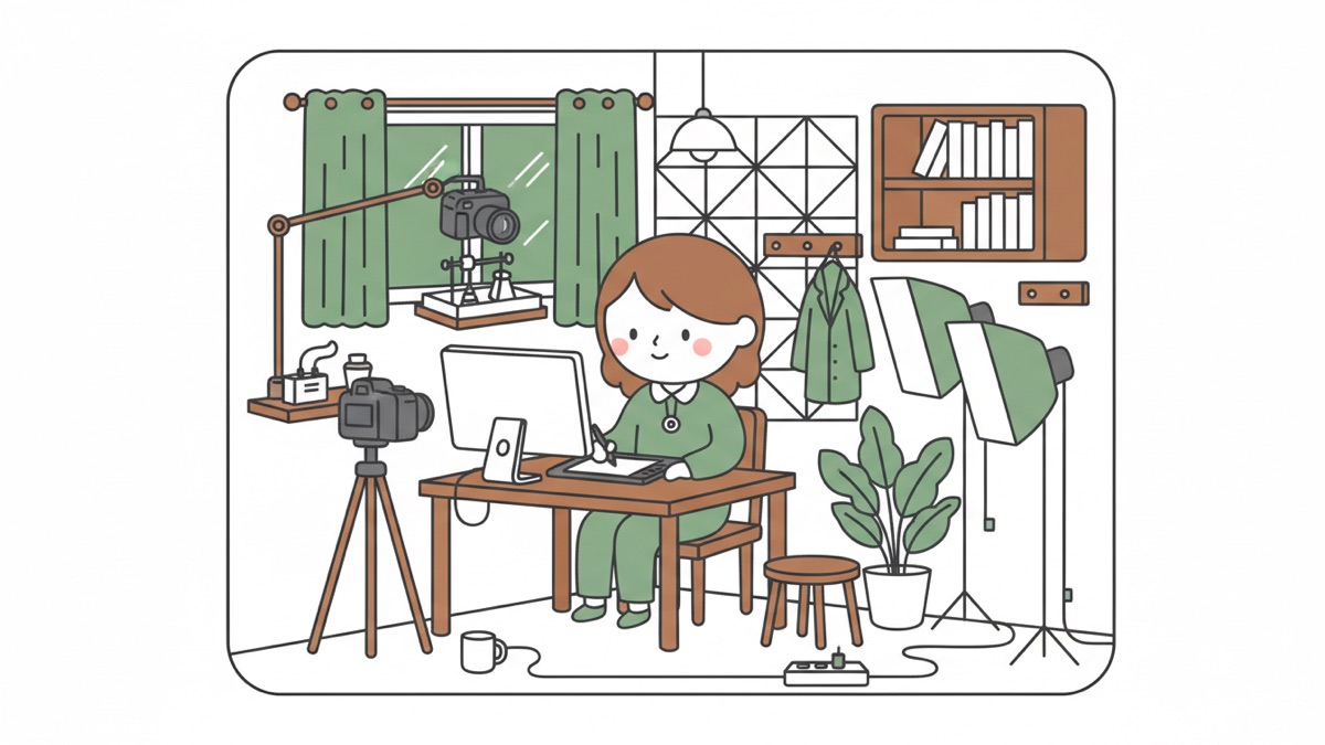 Line illustration: in a home studio a woman writes on a graphics tablet in front of a monitor; one camera on a tripod faces her, a second hangs from a boom arm over an experiment rig by the window, a softbox light to her right.