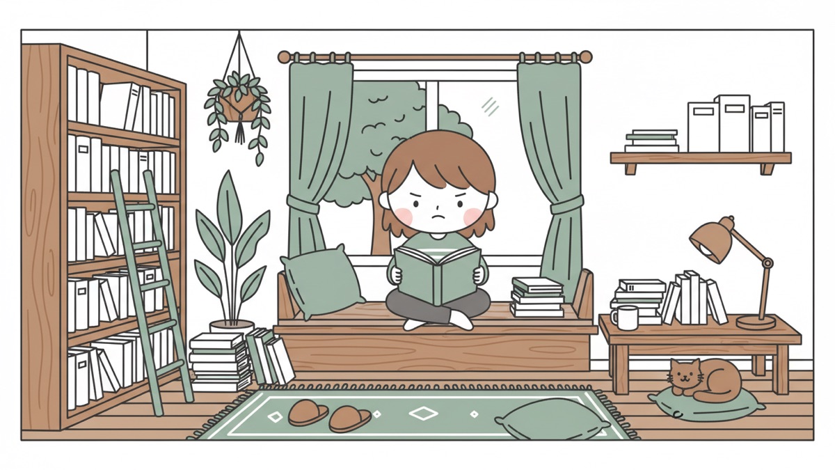 Line illustration: a girl sits cross-legged on a wooden window seat holding an open book, brow furrowed; a tall bookcase with a leaning ladder fills the left wall, and a ginger cat sleeps on a cushion under the book-piled desk at the right.