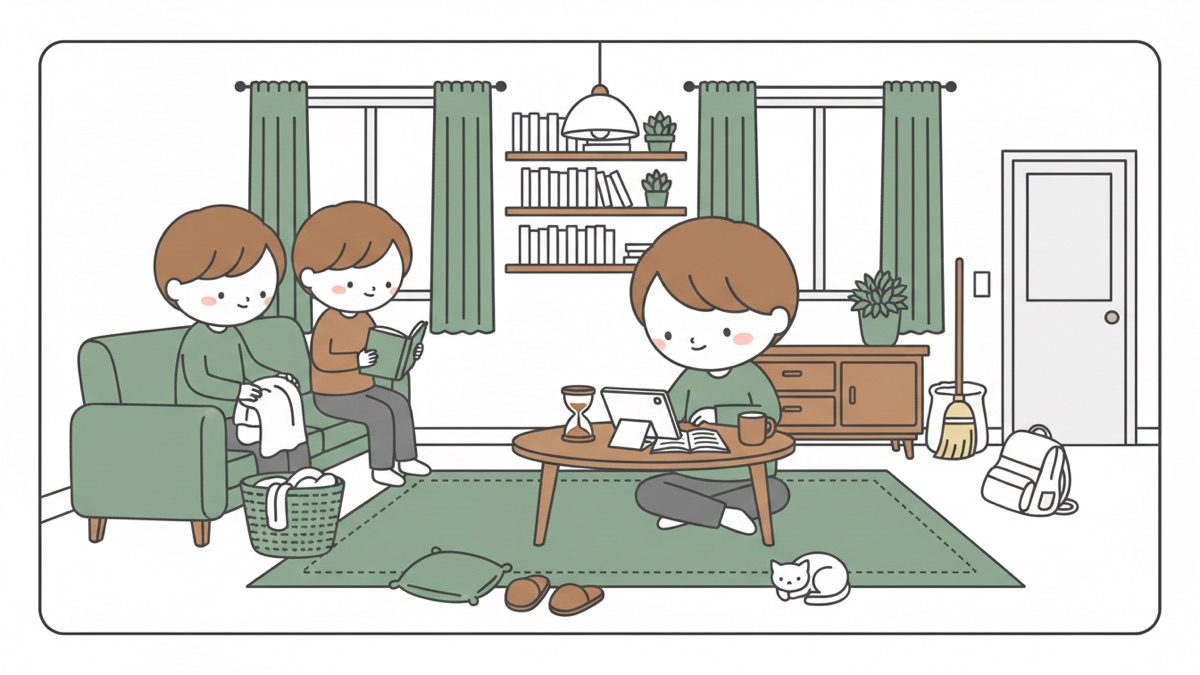 Line illustration: a boy sits on the floor at a low round table working from a tablet and an open book, an hourglass beside him, while an adult folds laundry on the sofa and a younger child reads on the armrest.