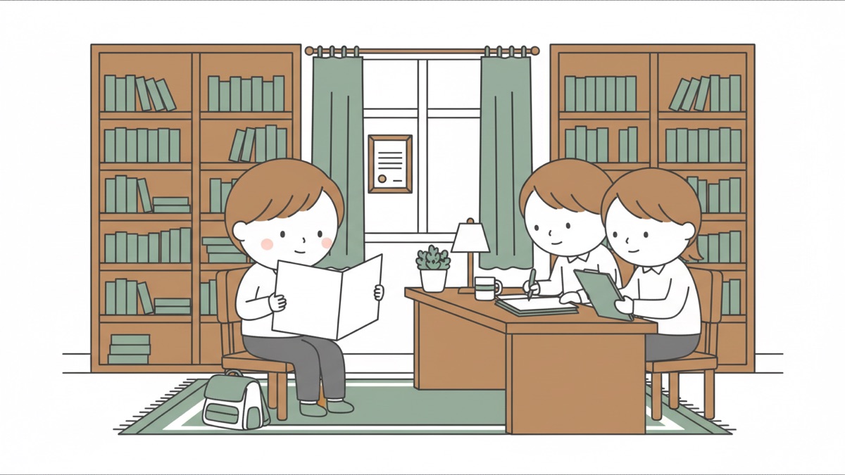 Line illustration: a university interview — a teenager seated holding up an open blank portfolio, two reviewers behind a long wooden desk to the right, one leaning in to look closely and one writing on a blank clipboard, with floor-to-ceiling bookshelves and curtains behind.