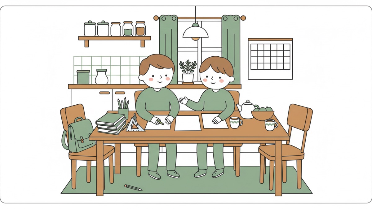 Line illustration: two boys sit side by side at a kitchen table, one holding a pencil over a blank sheet while the other talks with an open hand; a pair of compasses, books, a teapot and mugs sit nearby, a blank calendar on the wall.