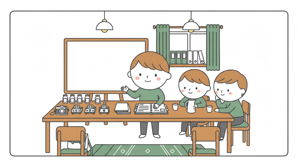 Line illustration: a boy stands behind a long table gesturing toward a large blank presentation board; the table holds a row of small specimen bottles, three dial instruments, a stack of paper and an open binder, two children seated at the far end.