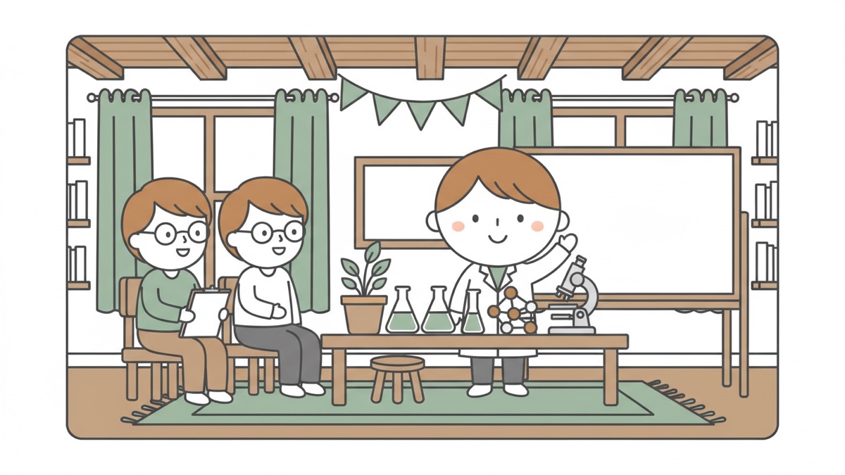 Line illustration: a child in a lab coat presenting beside a blank whiteboard, two adults in glasses listening from wooden chairs to the left, one holding a blank clipboard, and a wooden bench in front carrying conical flasks, a molecular model, a microscope and a potted plant.