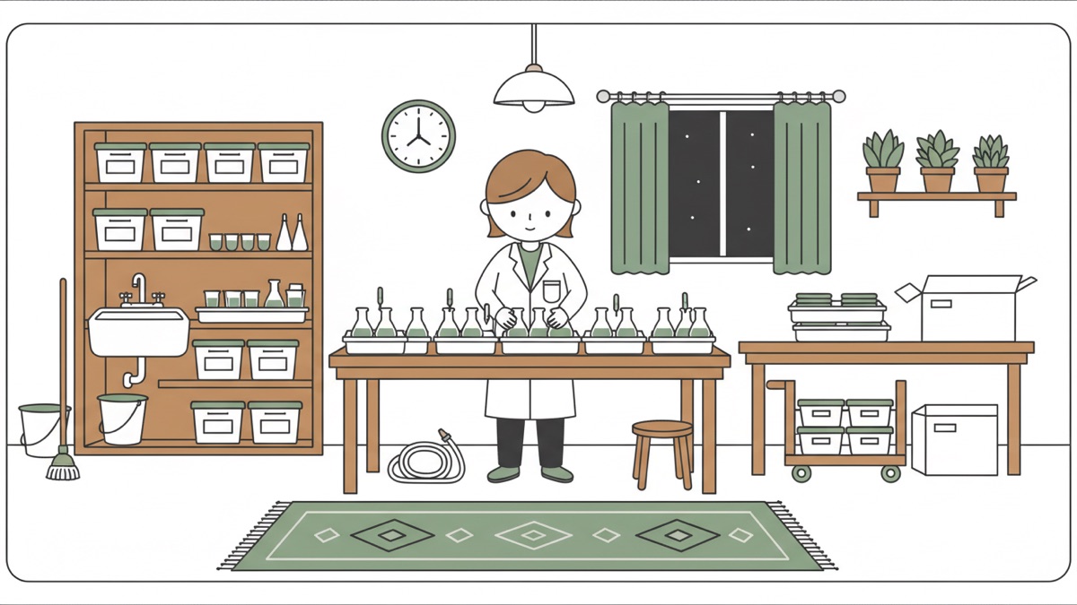 Line illustration: an equipment prep room at night, someone in a lab coat still portioning flasks and kit into a row of identical trays on a long bench; shelves of storage crates and drained glassware to the left, boxed-up trays and a loaded trolley ready to go out on the right, a clock showing a late hour and darkness at the window.