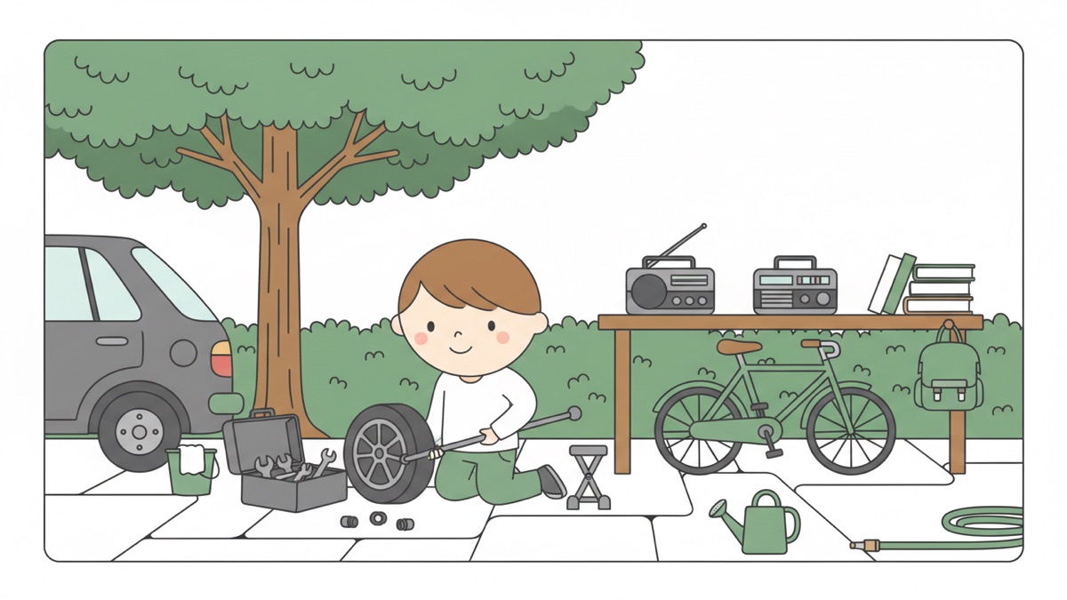 Line illustration: a boy kneels on his family's driveway working a long wheel brace on a car wheel he has taken off, an open toolbox, scissor jack and loose nuts beside him; the car sits to the left, a large tree and hedge behind, and a workbench to the right holds a dismantled radio, a stack of books and an empty school bag, with a bicycle propped against it.