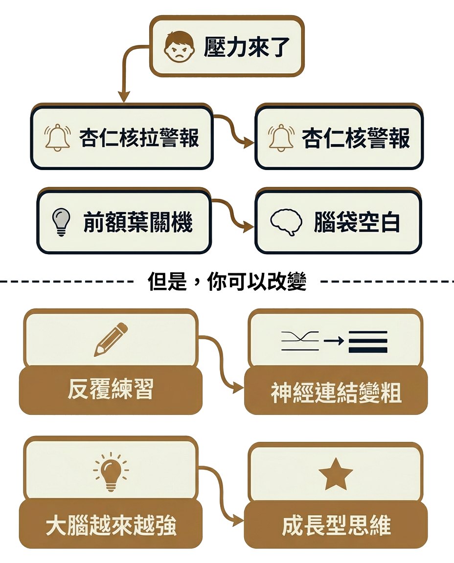 大腦機制流程圖：壓力觸發杏仁核警報、前額葉關機；練習讓神經連結變粗、形成成長型思維