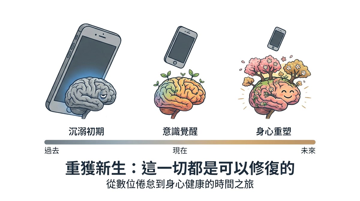 減少手機使用後大腦逐漸恢復正常敏感度的時間軸示意圖
