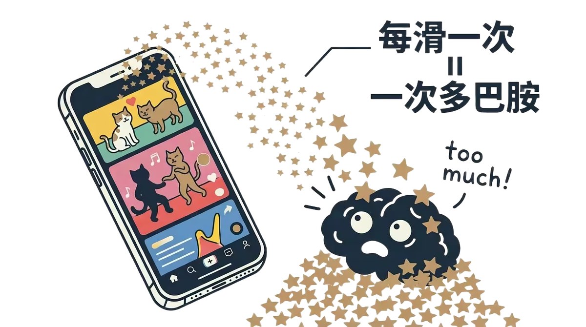 短影片每滑一次就給大腦大量多巴胺刺激的示意圖
