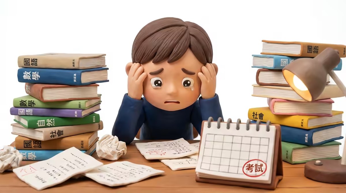 孩子不會安排讀書時間、考前才臨時抱佛腳的情境插畫