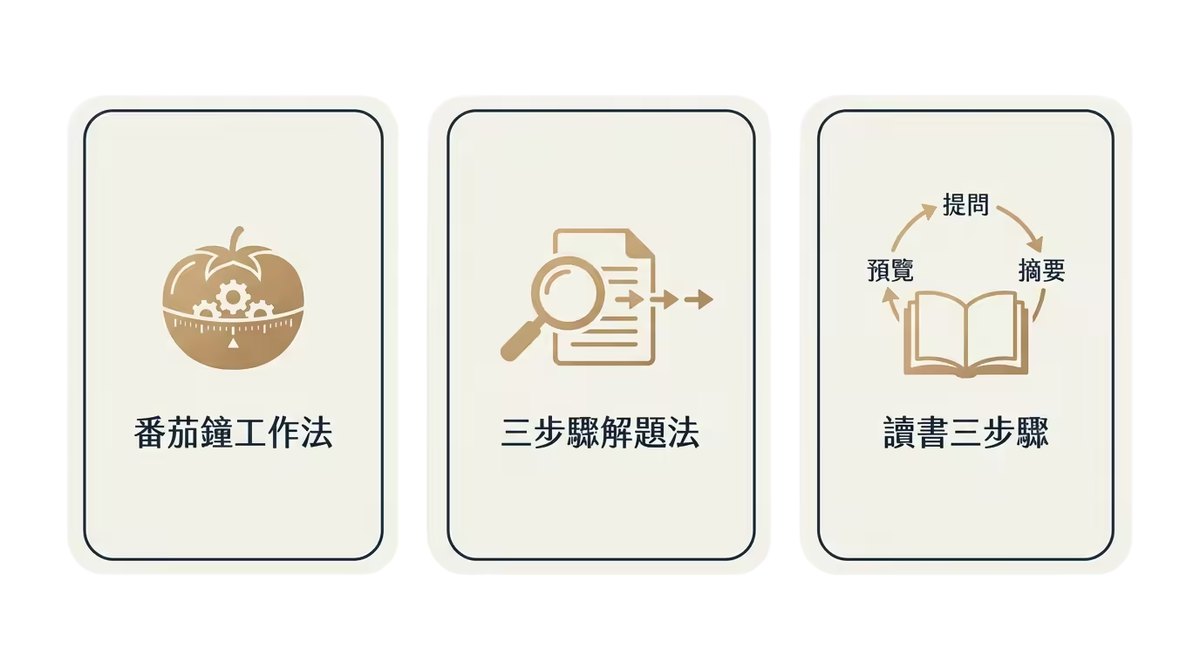番茄鐘工作法、三步驟解題法、讀書三步驟示意圖