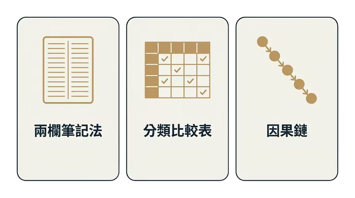 兩欄筆記法、分類比較表、因果鏈示意圖