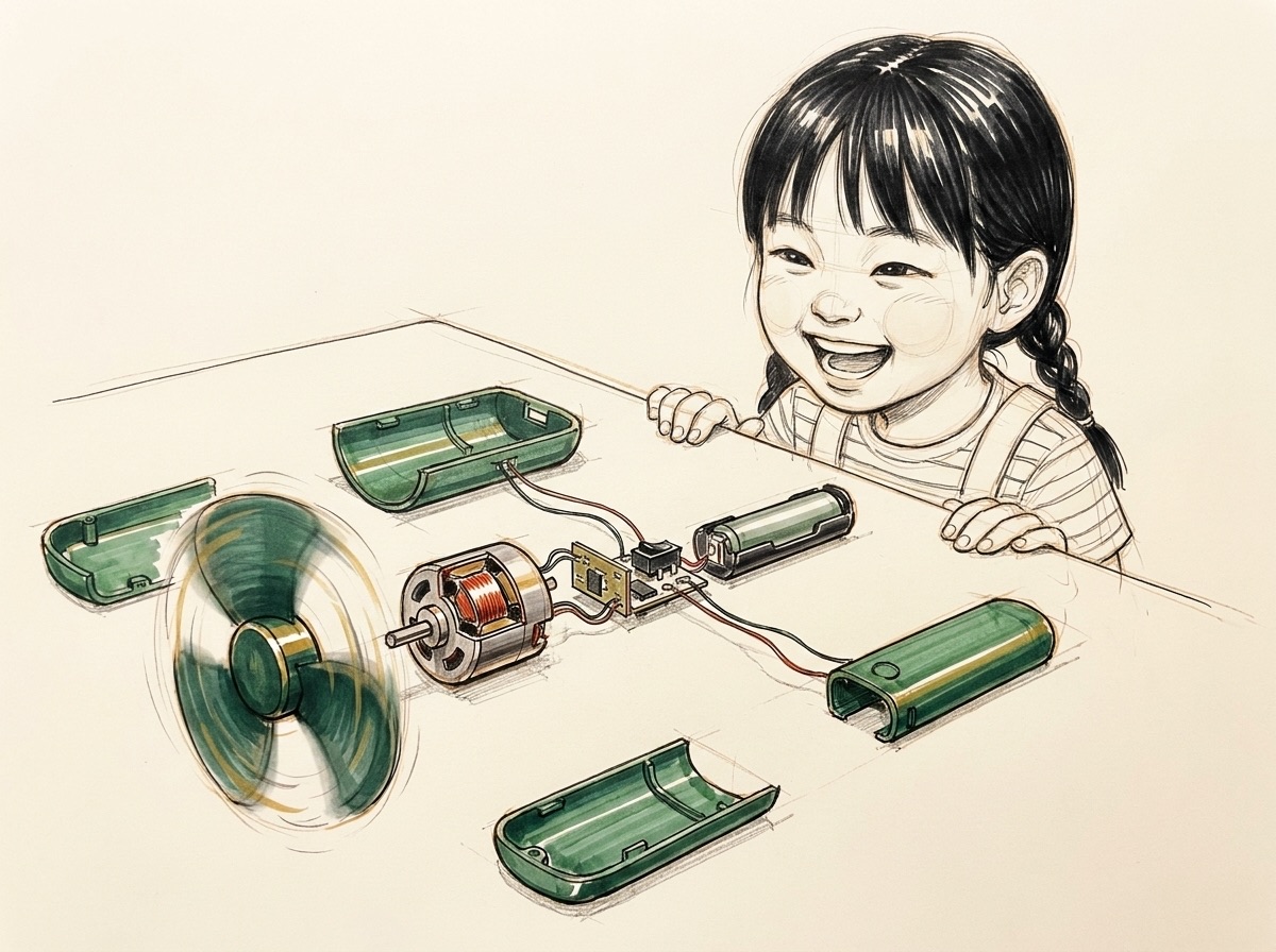 手持電風扇概念設計稿：零件在桌上排成一列、電線仍相連，扇葉還在轉