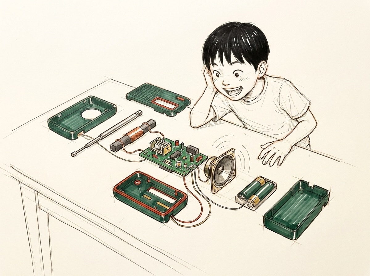 掌上型收音機概念設計稿：零件在桌上攤開仍接著電線，孩子側耳聽喇叭