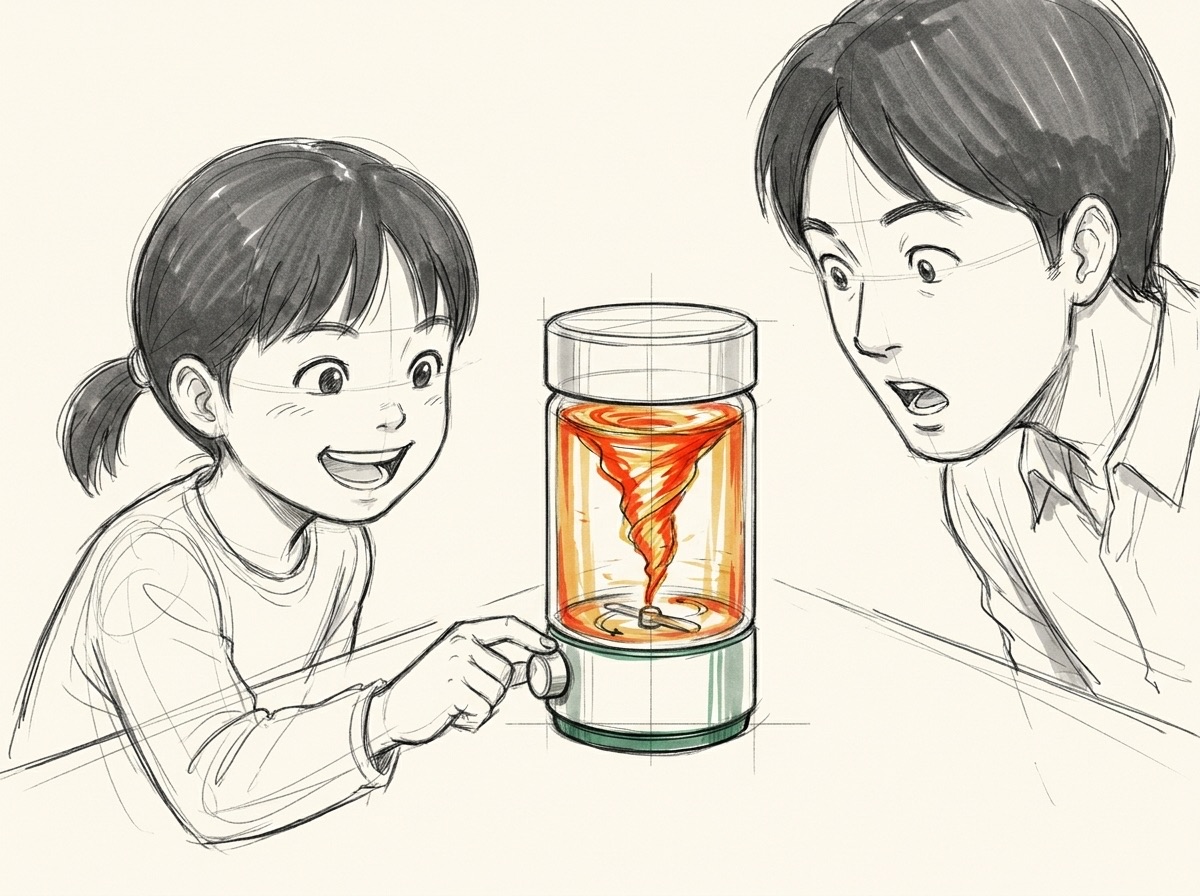 掌上龍捲風概念設計稿：孩子轉動旋鈕，密封罐內捲起一道會變色的龍捲風，家長在旁驚訝